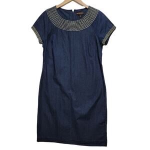 Dana Buchman Denim Sheath Dress with Gold Metallic Embroidery Size 8
